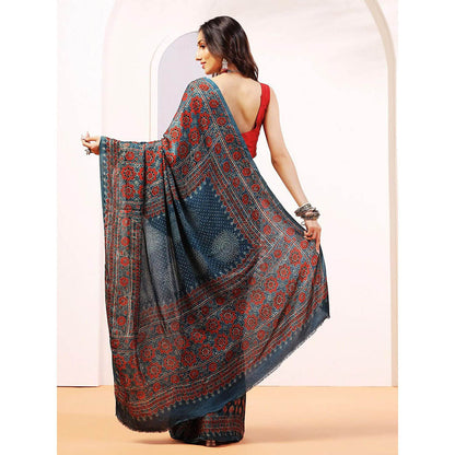 Aditri Handprinted Ajrakh On Modal Silk Blue Saree With Running Blouse