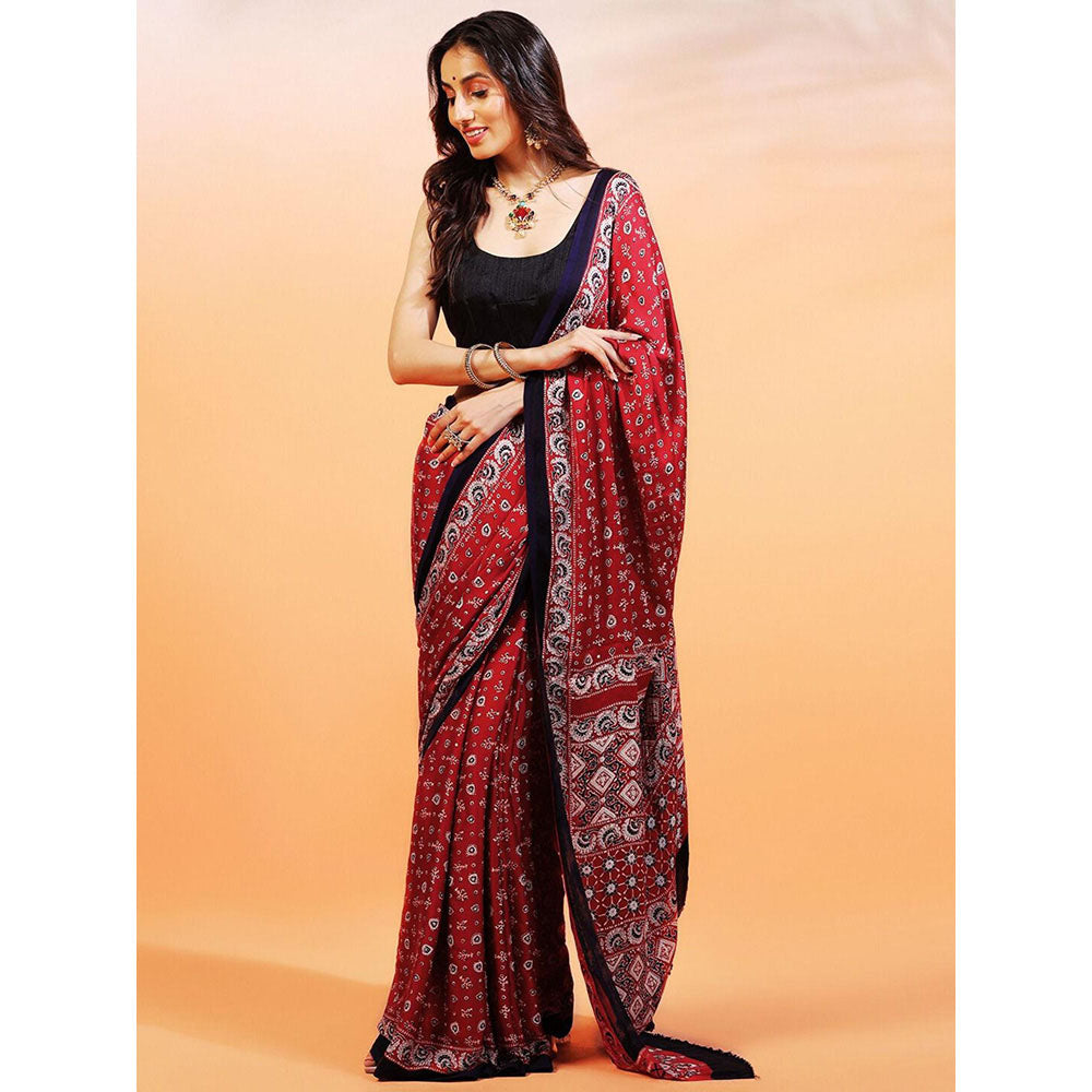 Aditri Handprinted Ajrakh On Modal Silk Red Saree With Running Blouse