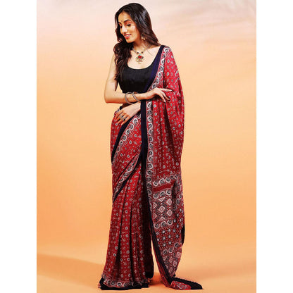 Aditri Handprinted Ajrakh On Modal Silk Red Saree With Running Blouse