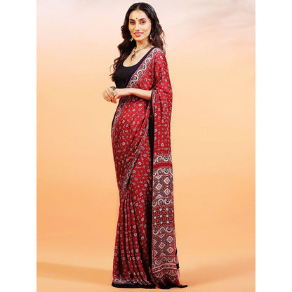 Aditri Handprinted Ajrakh On Modal Silk Red Saree With Running Blouse