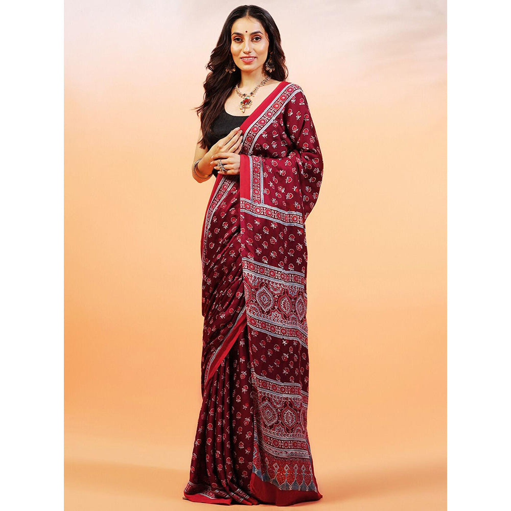 Aditri Handprinted Ajrakh On Modal Silk Maroon Saree With Running Blouse
