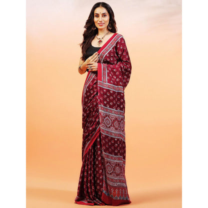 Aditri Handprinted Ajrakh On Modal Silk Maroon Saree With Running Blouse