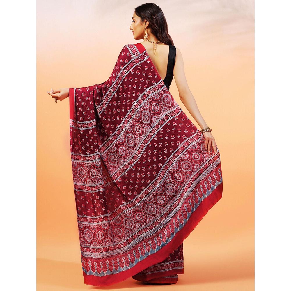 Aditri Handprinted Ajrakh On Modal Silk Maroon Saree With Running Blouse