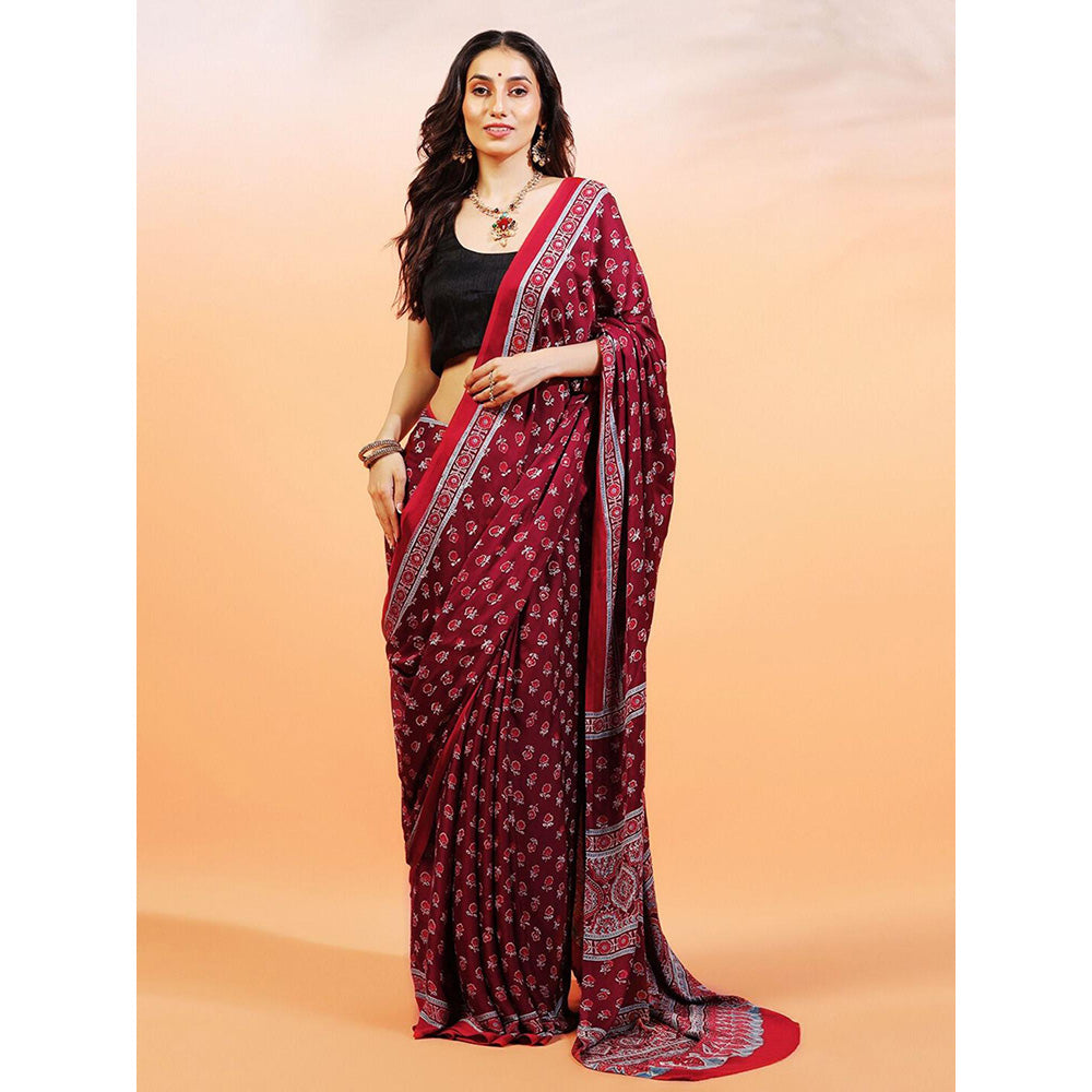 Aditri Handprinted Ajrakh On Modal Silk Maroon Saree With Running Blouse