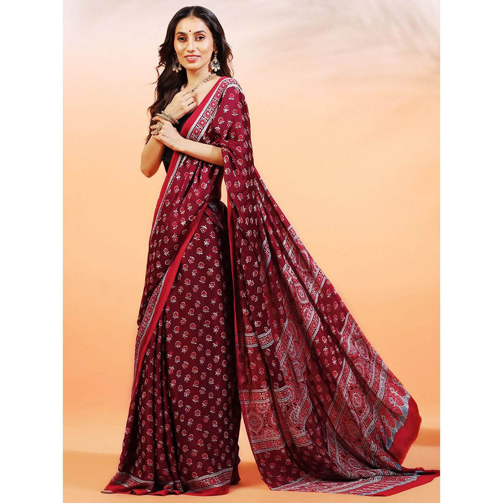 Aditri Handprinted Ajrakh On Modal Silk Maroon Saree With Running Blouse