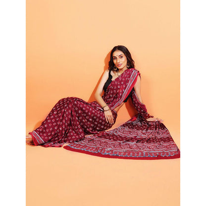 Aditri Handprinted Ajrakh On Modal Silk Maroon Saree With Running Blouse