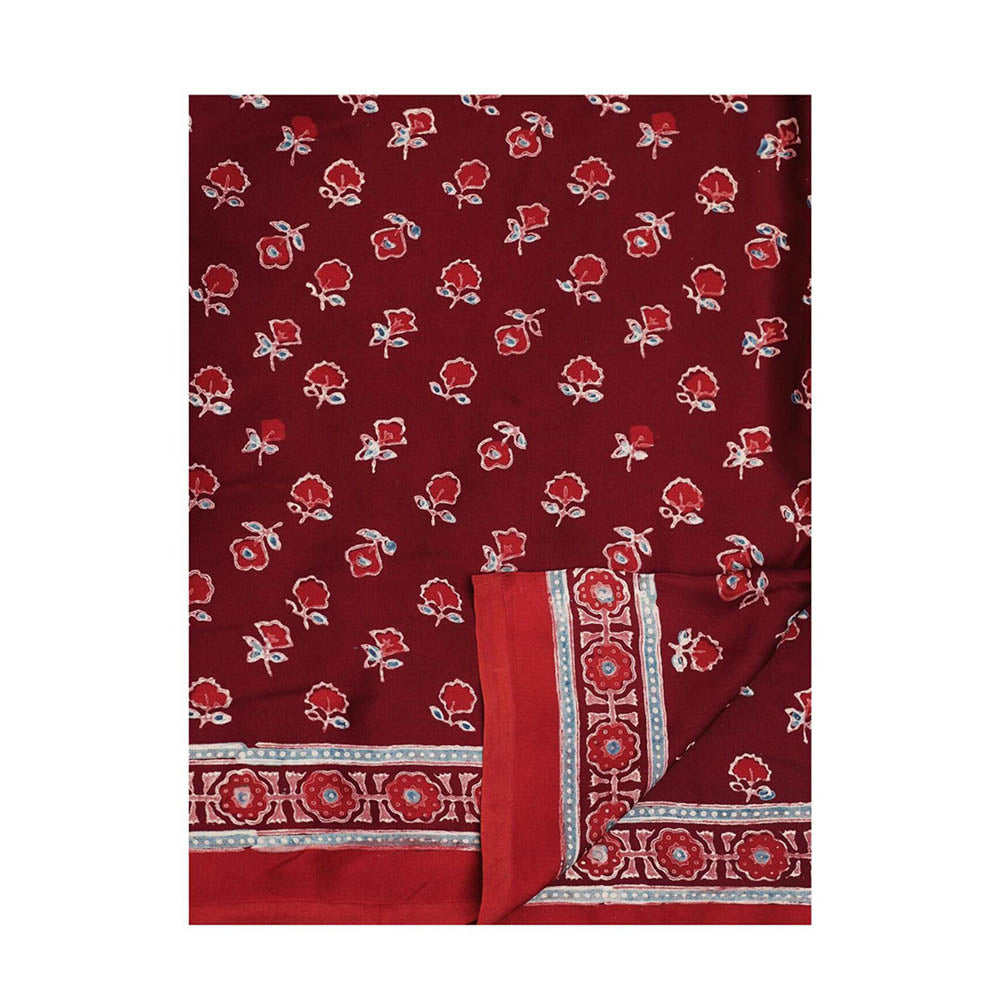 Aditri Handprinted Ajrakh On Modal Silk Maroon Saree With Running Blouse