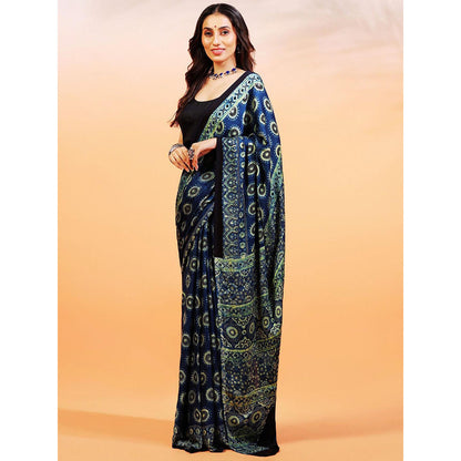 Aditri Handprinted Ajrakh On Modal Silk Blue Saree With Running Blouse