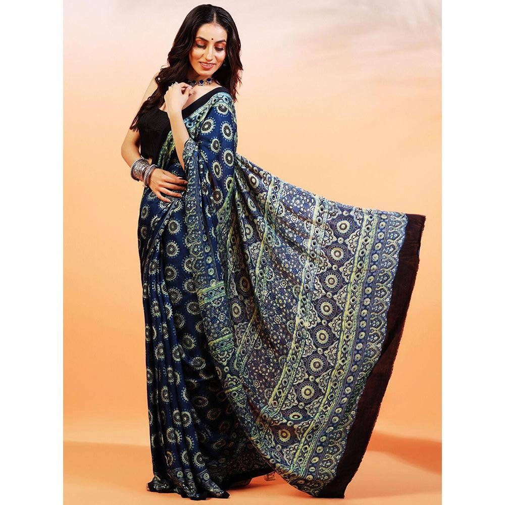 Aditri Handprinted Ajrakh On Modal Silk Blue Saree With Running Blouse