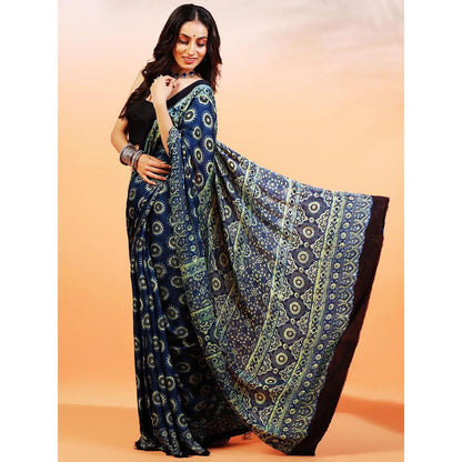 Aditri Handprinted Ajrakh On Modal Silk Blue Saree With Running Blouse