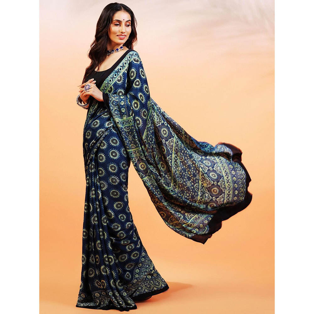 Aditri Handprinted Ajrakh On Modal Silk Blue Saree With Running Blouse