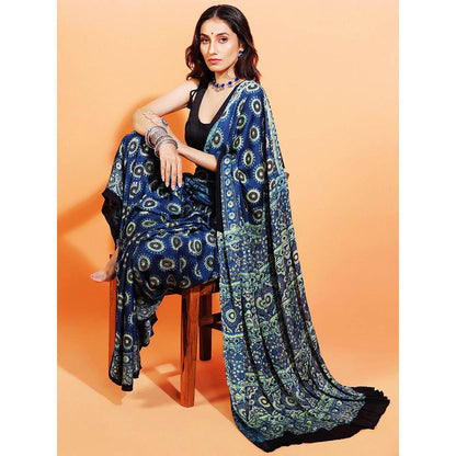 Aditri Handprinted Ajrakh On Modal Silk Blue Saree With Running Blouse