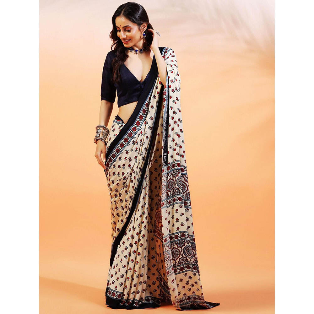 Aditri Handprinted Ajrakh On Modal Silk Cream Saree With Running Blouse