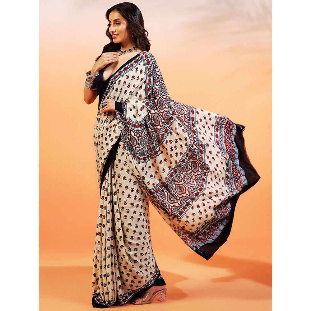 Aditri Handprinted Ajrakh On Modal Silk Cream Saree With Running Blouse