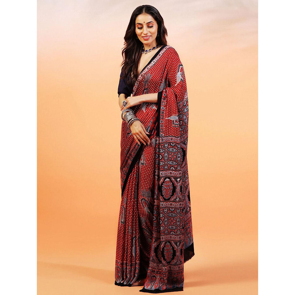 Aditri Handprinted Ajrakh On Modal Silk Red Saree With Running Blouse