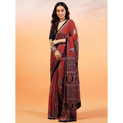 Aditri Handprinted Ajrakh On Modal Silk Red Saree With Running Blouse