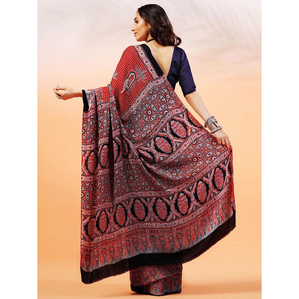 Aditri Handprinted Ajrakh On Modal Silk Red Saree With Running Blouse