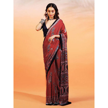 Aditri Handprinted Ajrakh On Modal Silk Red Saree With Running Blouse