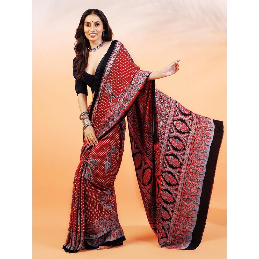 Aditri Handprinted Ajrakh On Modal Silk Red Saree With Running Blouse