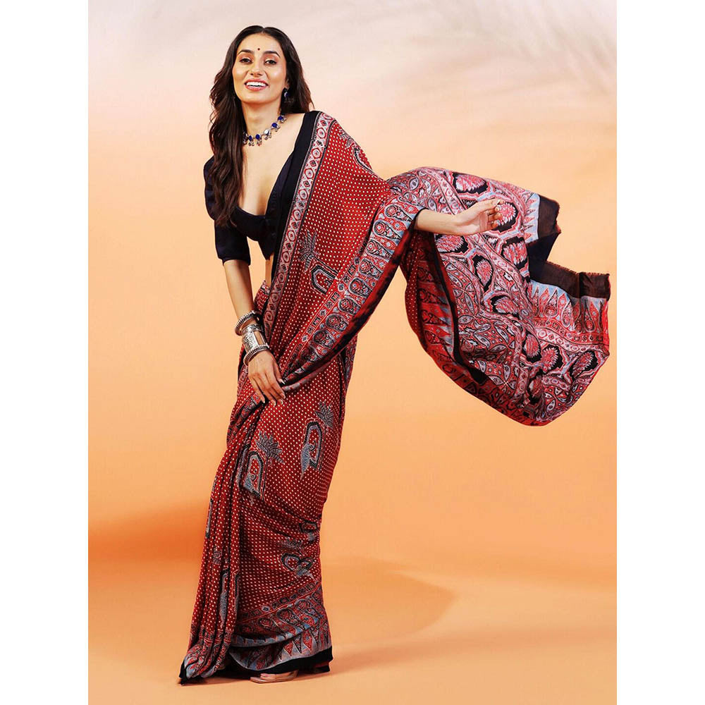 Aditri Handprinted Ajrakh On Modal Silk Red Saree With Running Blouse
