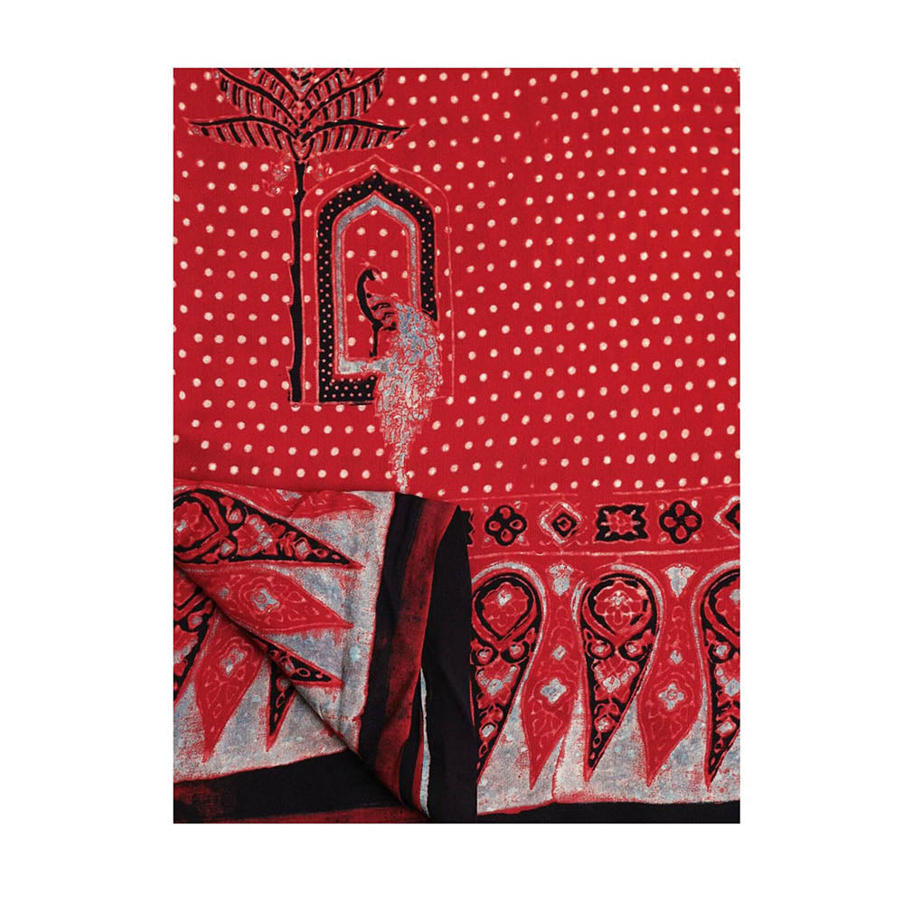 Aditri Handprinted Ajrakh On Modal Silk Red Saree With Running Blouse