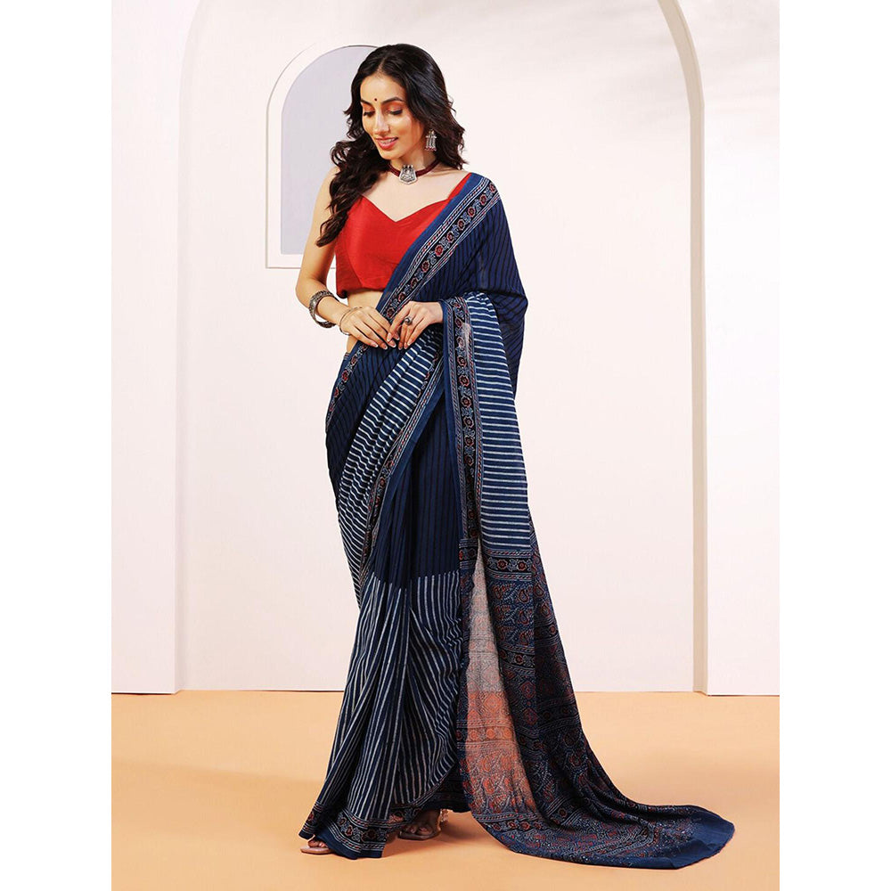 Aditri Handprinted Ajrakh On Cotton Navy Blue Saree With Running Blouse