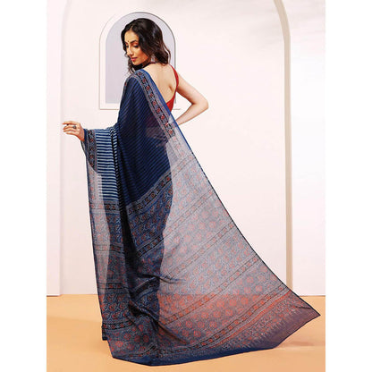 Aditri Handprinted Ajrakh On Cotton Navy Blue Saree With Running Blouse