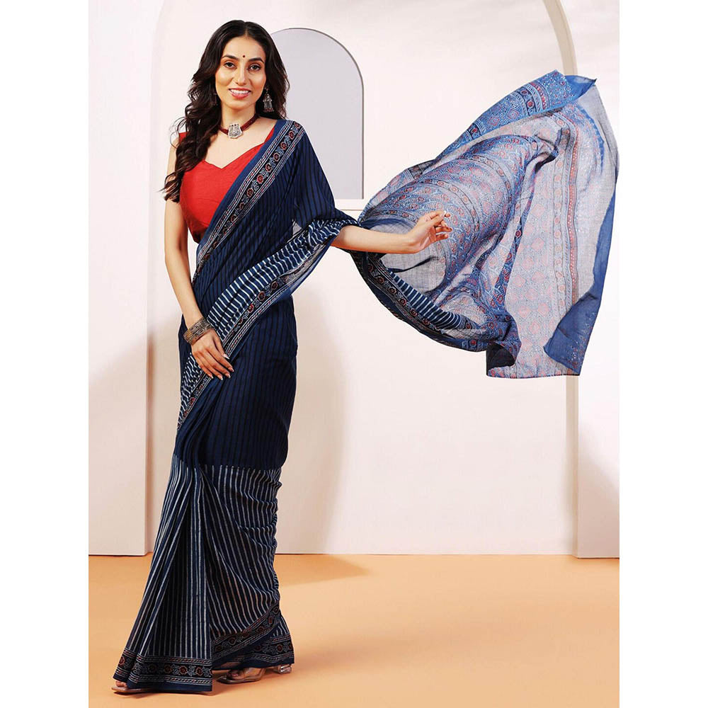 Aditri Handprinted Ajrakh On Cotton Navy Blue Saree With Running Blouse