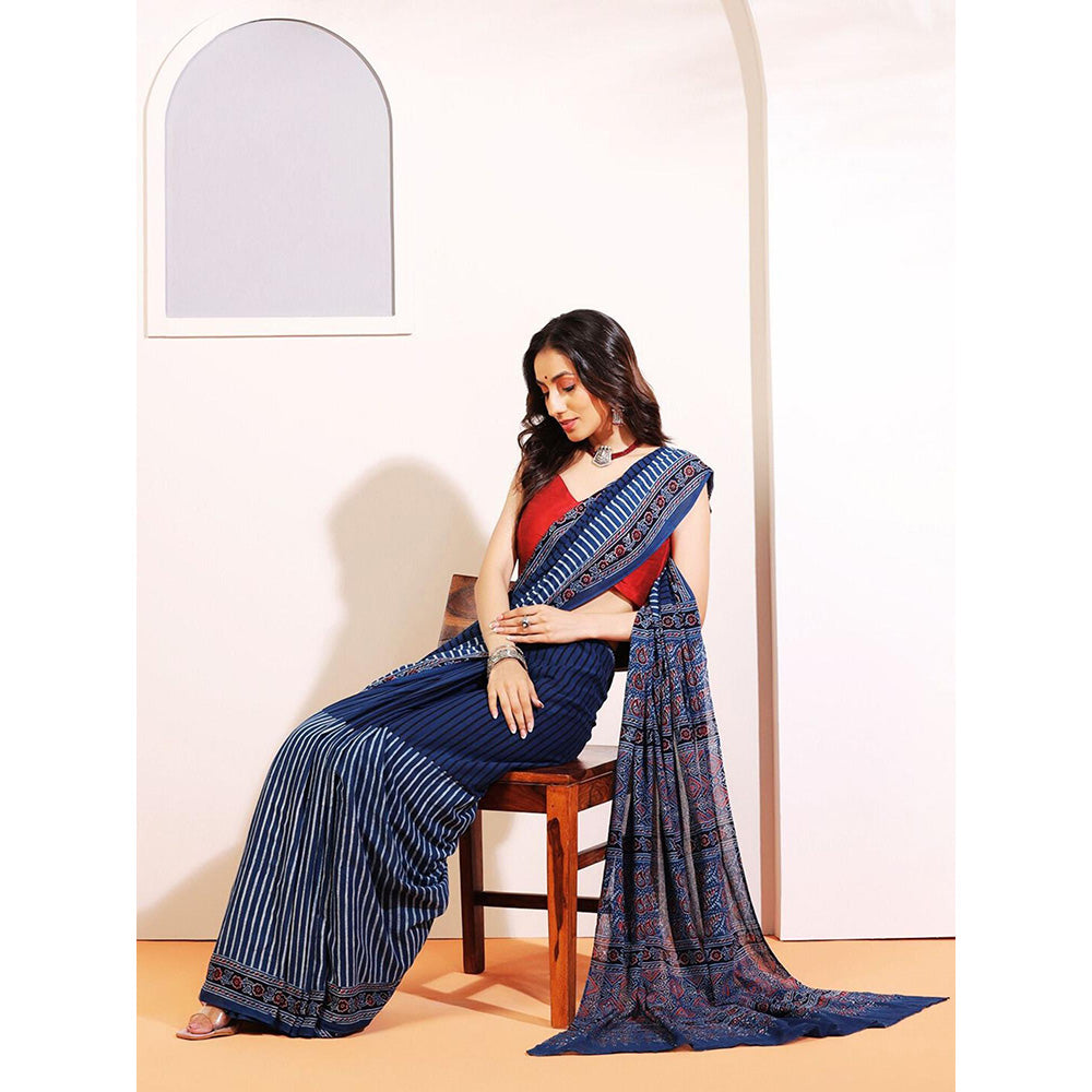 Aditri Handprinted Ajrakh On Cotton Navy Blue Saree With Running Blouse