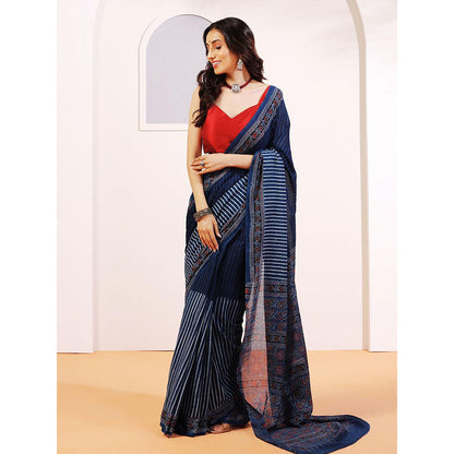 Aditri Handprinted Ajrakh On Cotton Navy Blue Saree With Running Blouse