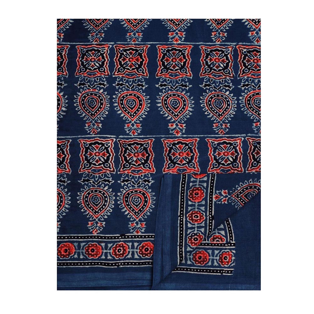 Aditri Handprinted Ajrakh On Cotton Navy Blue Saree With Running Blouse