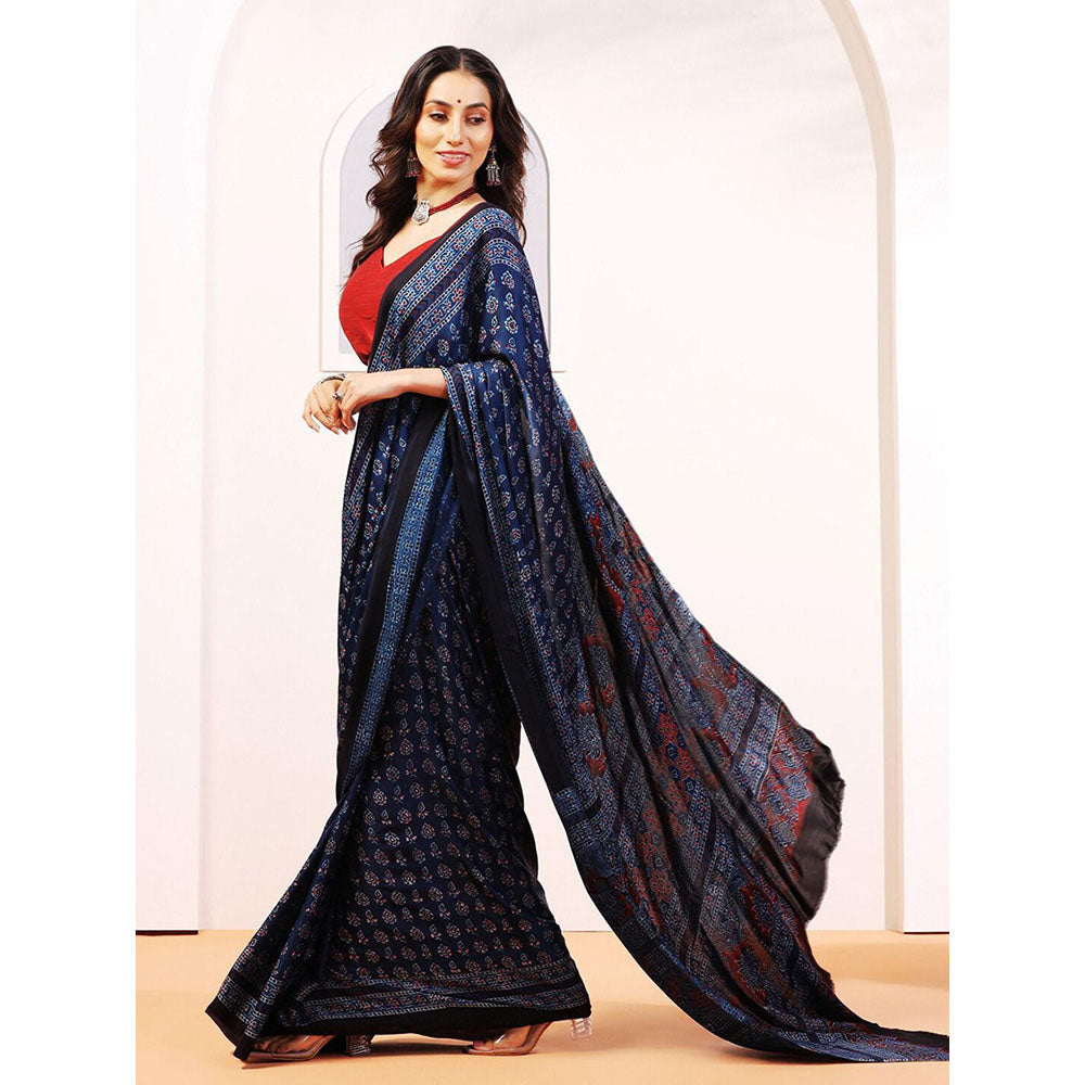 Aditri Handprinted Ajrakh On Modal Silk Navy Blue Saree With Running Blouse