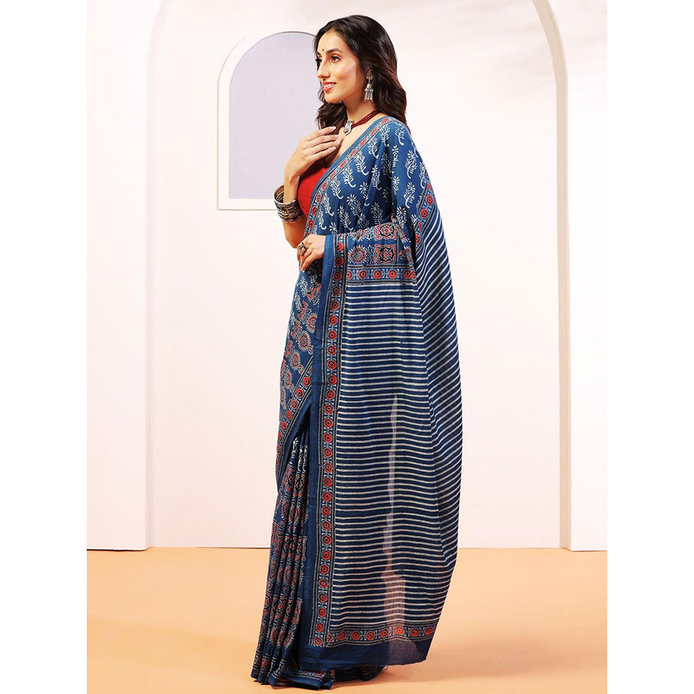 Aditri Handprinted Ajrakh On Cotton Blue Saree With Running Blouse