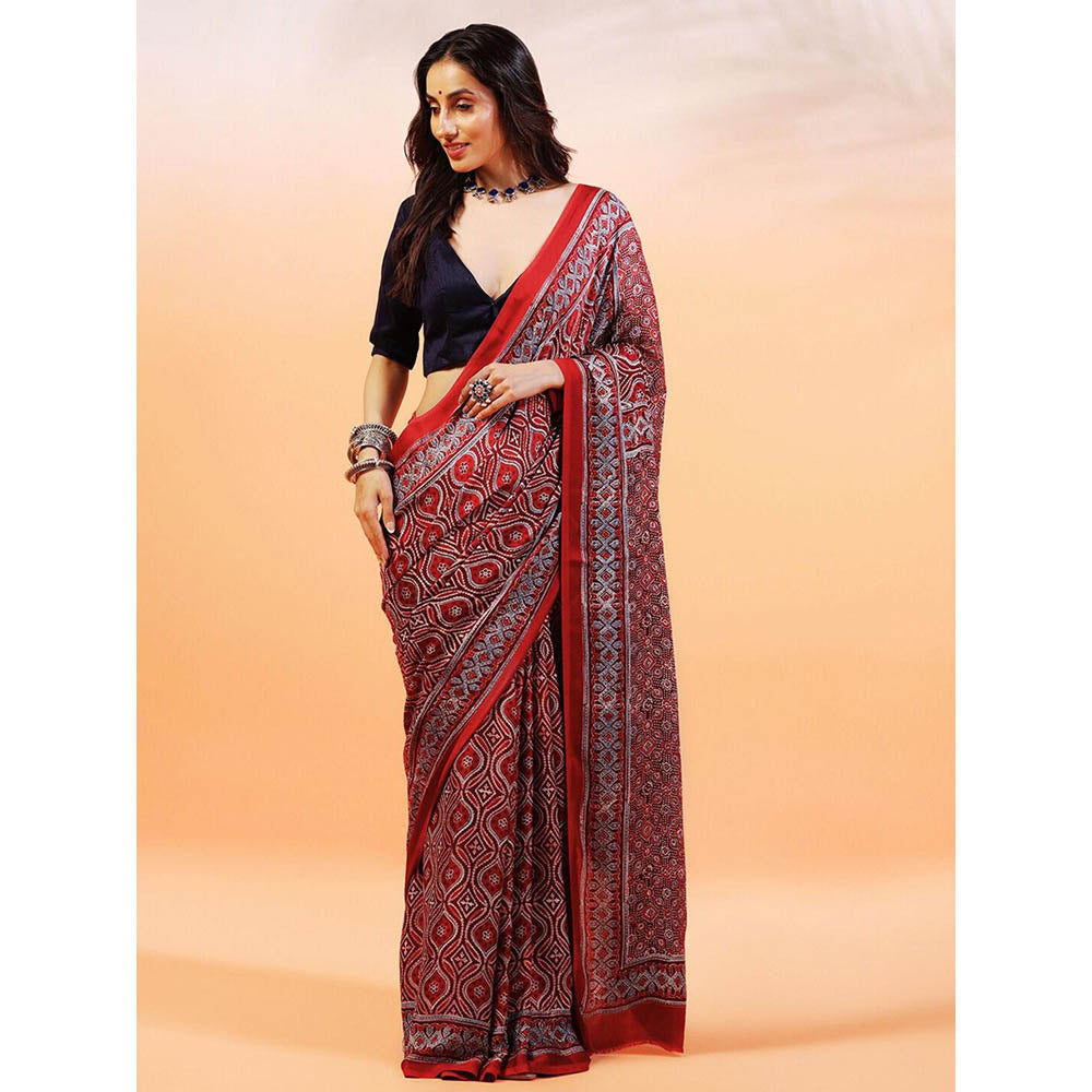 Aditri Handprinted Ajrakh On Modal Silk Red Saree With Running Blouse