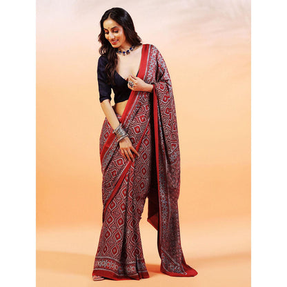 Aditri Handprinted Ajrakh On Modal Silk Red Saree With Running Blouse
