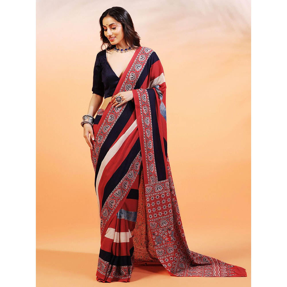 Aditri Handprinted Ajrakh On Cotton Multi-Color Saree With Running Blouse
