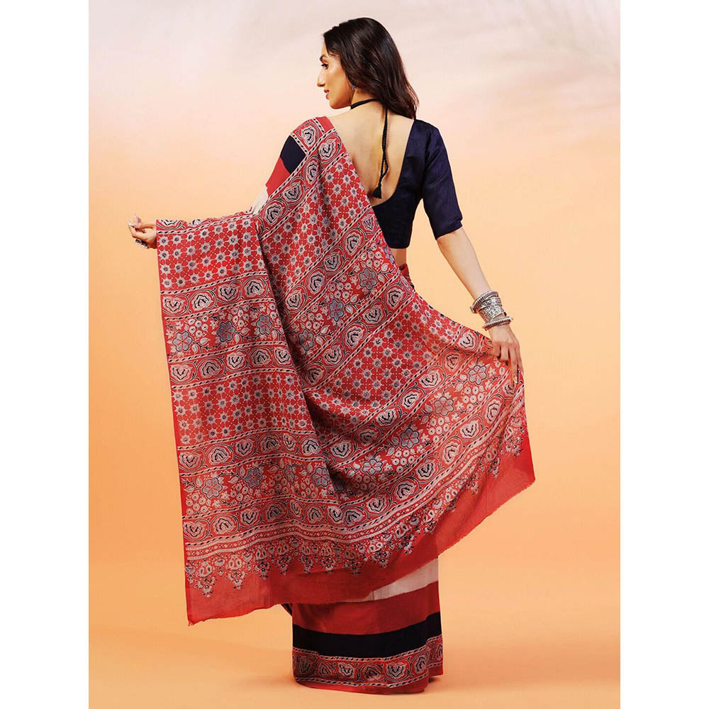 Aditri Handprinted Ajrakh On Cotton Multi-Color Saree With Running Blouse