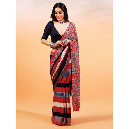 Aditri Handprinted Ajrakh On Cotton Multi-Color Saree With Running Blouse