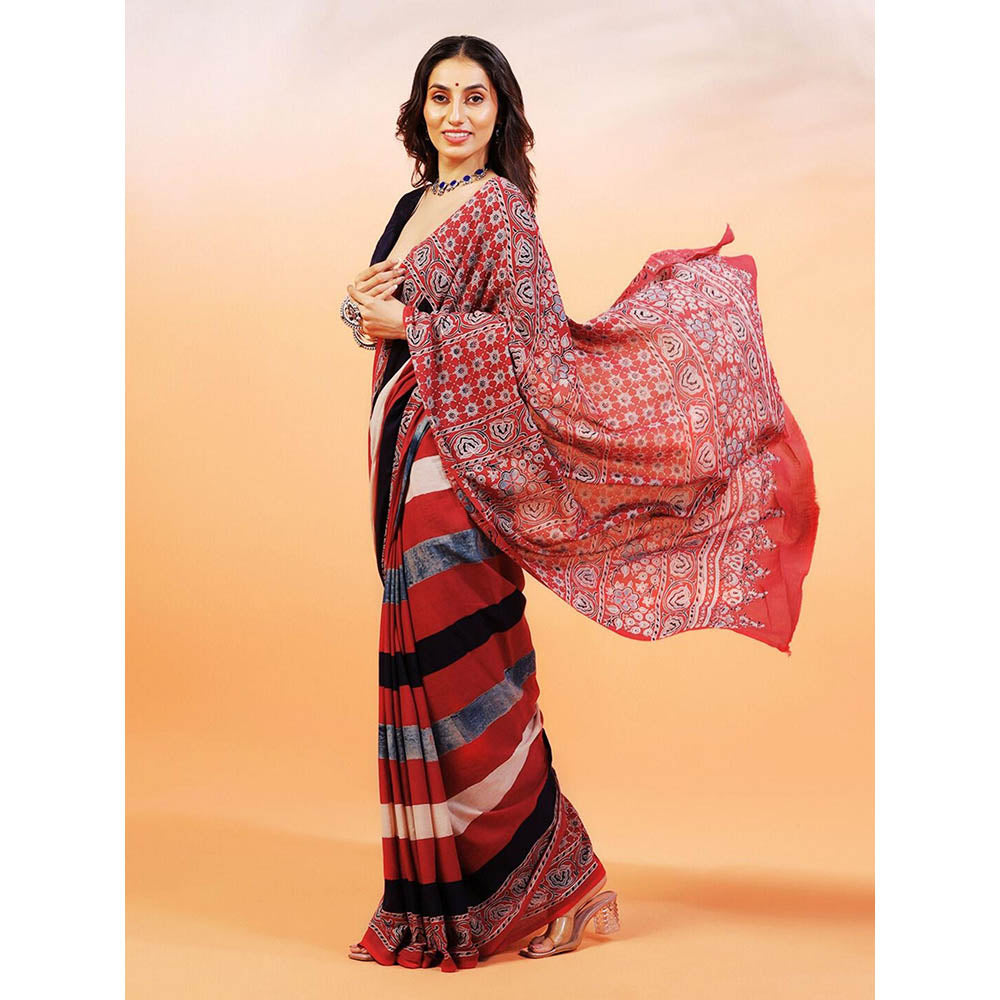 Aditri Handprinted Ajrakh On Cotton Multi-Color Saree With Running Blouse