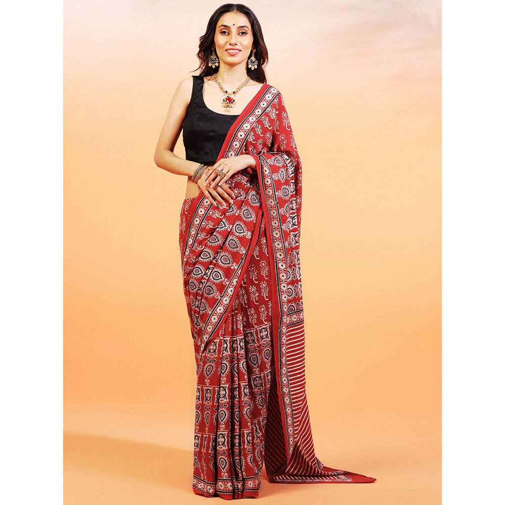 Aditri Handprinted Ajrakh On Cotton Red Saree With Running Blouse