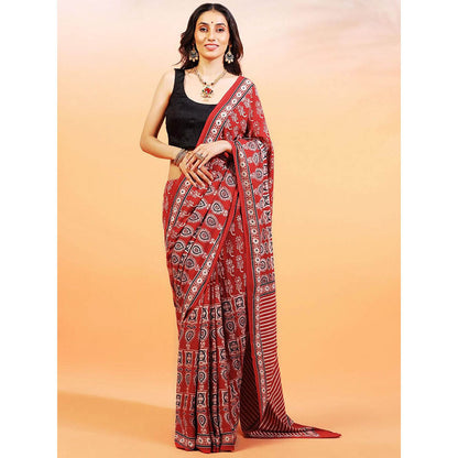 Aditri Handprinted Ajrakh On Cotton Red Saree With Running Blouse
