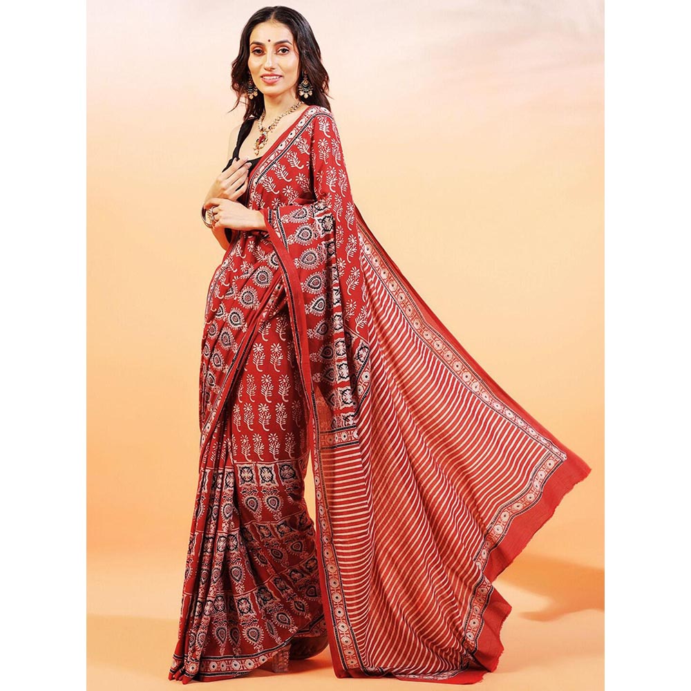 Aditri Handprinted Ajrakh On Cotton Red Saree With Running Blouse