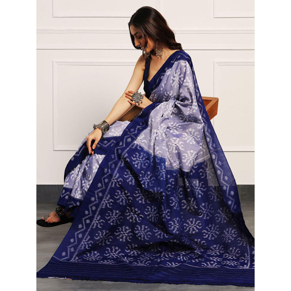 Aditri Handloom Ikat From Orissa Blue Saree With Blouse Piece