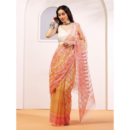 Aditri Handloom Kota Doria Hand Block Print Multi-Color Saree With Blouse Piece