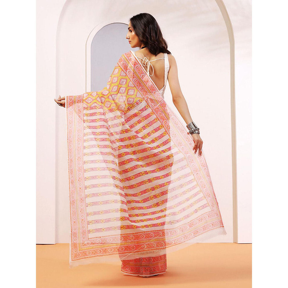 Aditri Handloom Kota Doria Hand Block Print Multi-Color Saree With Blouse Piece