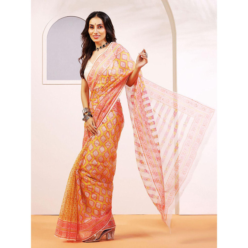 Aditri Handloom Kota Doria Hand Block Print Multi-Color Saree With Blouse Piece