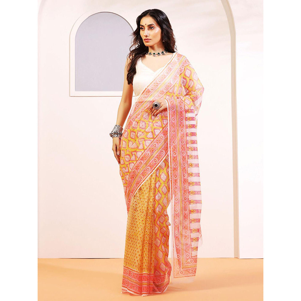 Aditri Handloom Kota Doria Hand Block Print Multi-Color Saree With Blouse Piece