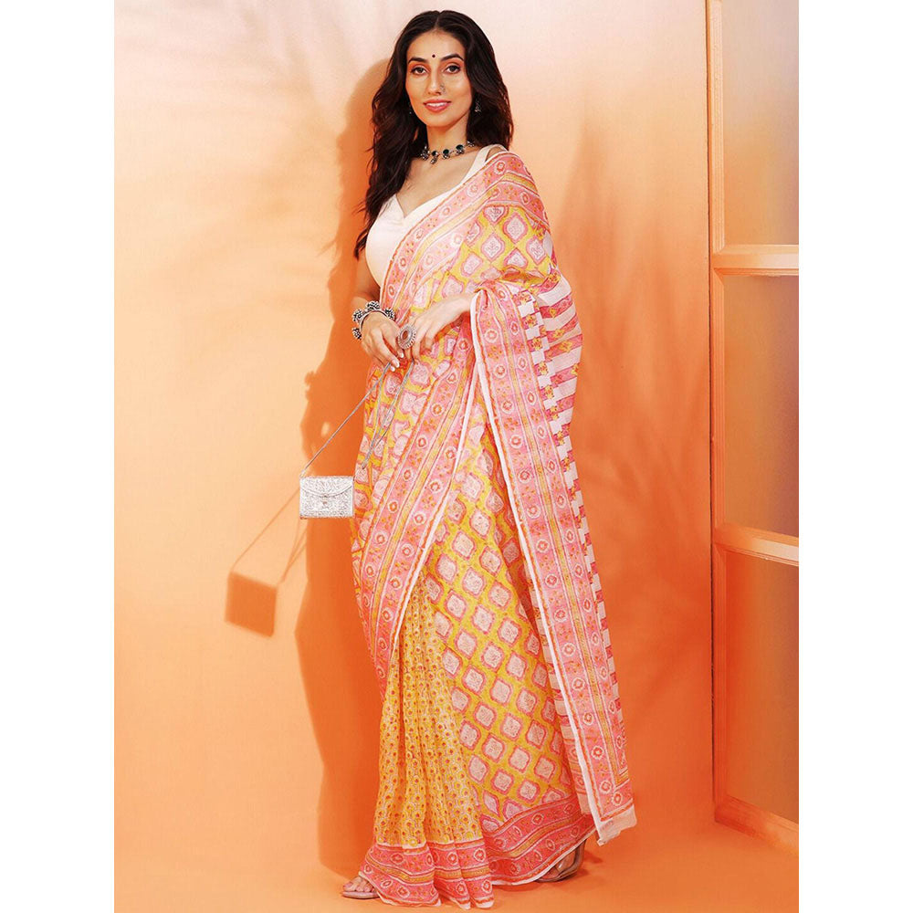 Aditri Handloom Kota Doria Hand Block Print Multi-Color Saree With Blouse Piece
