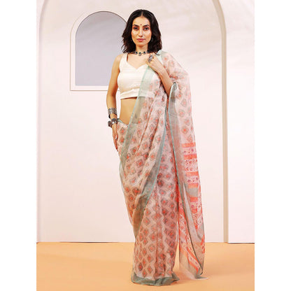 Aditri Handloom Kota Doria Hand Block Print Multi-Color Saree With Blouse Piece