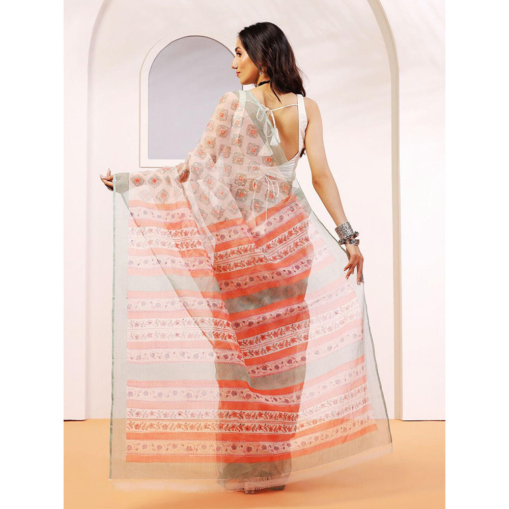 Aditri Handloom Kota Doria Hand Block Print Multi-Color Saree With Blouse Piece